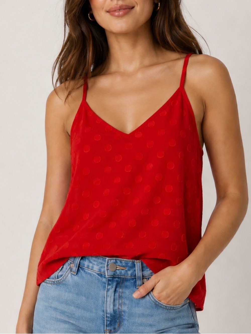 Ella Moss 100% Silk Red Swiss Dot Cami Tank Top Women’s Size L